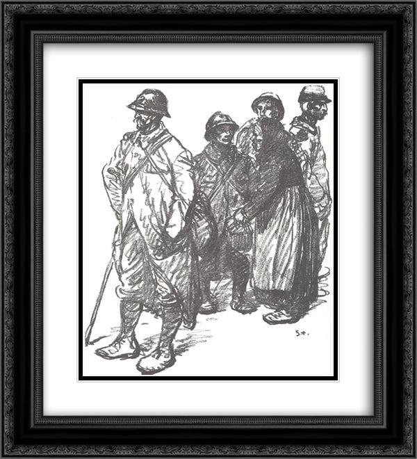 Au Cantonnement 20x22 Black Ornate Wood Framed Art Print Poster with Double Matting by Steinlen, Theophile