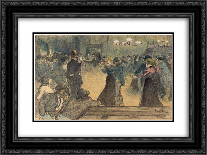 Bal de Barriere drawing 24x18 Black Ornate Wood Framed Art Print Poster with Double Matting by Steinlen, Theophile