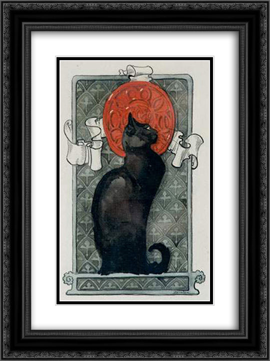 Black Cat 18x24 Black Ornate Wood Framed Art Print Poster with Double Matting by Steinlen, Theophile