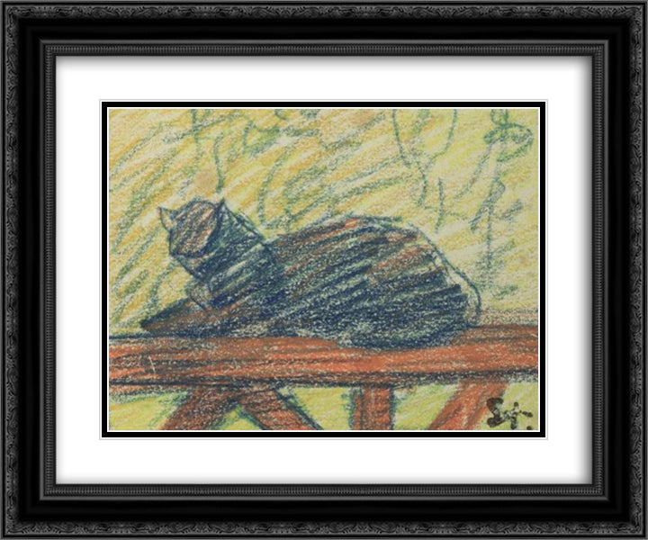 Blue Cat 24x20 Black Ornate Wood Framed Art Print Poster with Double Matting by Steinlen, Theophile