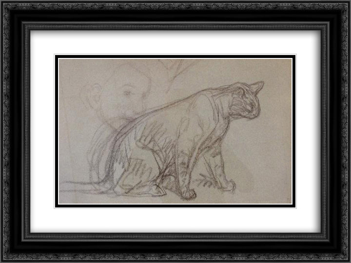 Cat sketch 24x18 Black Ornate Wood Framed Art Print Poster with Double Matting by Steinlen, Theophile