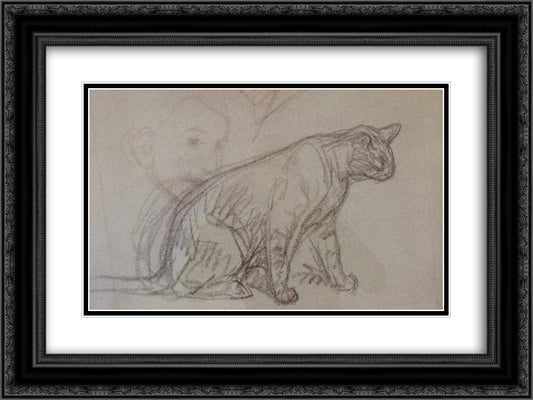 Cat sketch 24x18 Black Ornate Wood Framed Art Print Poster with Double Matting by Steinlen, Theophile