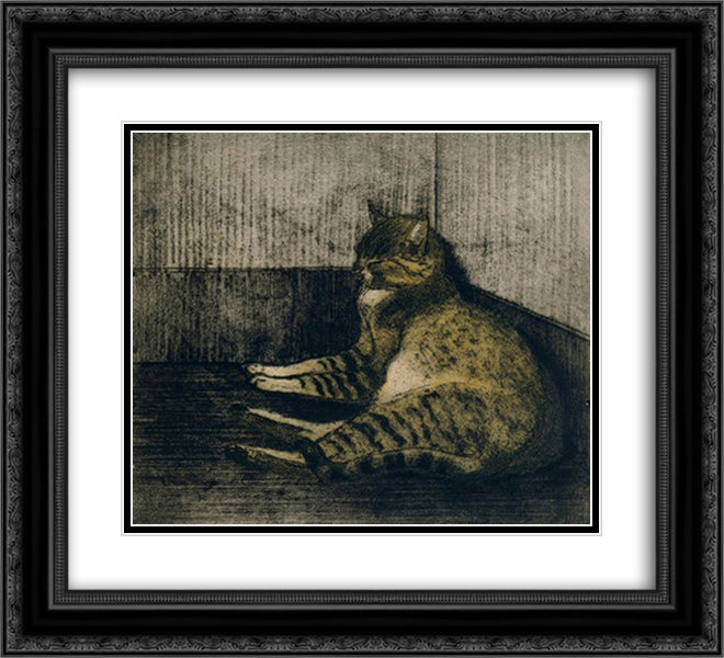 Cat Sleeping In A Corner 22x20 Black Ornate Wood Framed Art Print Poster with Double Matting by Steinlen, Theophile