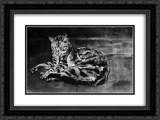 Chat On The Floor 24x18 Black Ornate Wood Framed Art Print Poster with Double Matting by Steinlen, Theophile