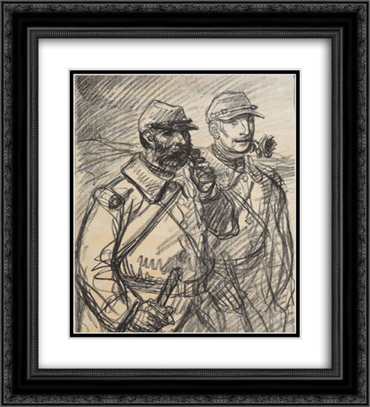 Croquis - Deux Poilus 20x22 Black Ornate Wood Framed Art Print Poster with Double Matting by Steinlen, Theophile