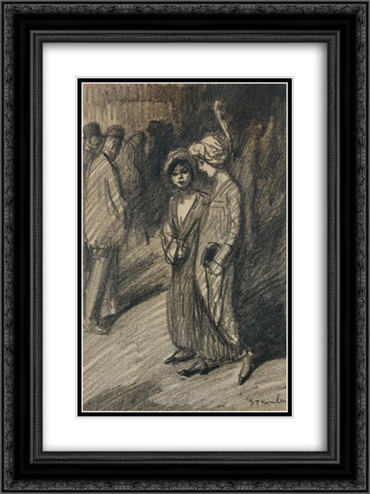 Deux Jeunes Filles Se Promenant 18x24 Black Ornate Wood Framed Art Print Poster with Double Matting by Steinlen, Theophile