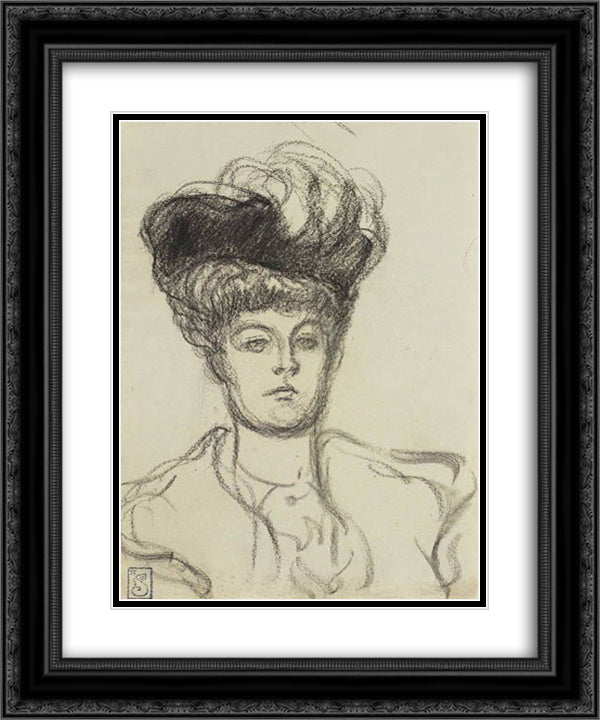 Femme au Chapeau 20x24 Black Ornate Wood Framed Art Print Poster with Double Matting by Steinlen, Theophile