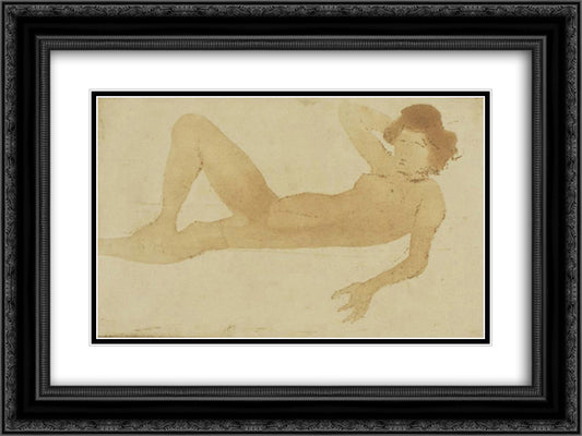 Femme Couchee 24x18 Black Ornate Wood Framed Art Print Poster with Double Matting by Steinlen, Theophile