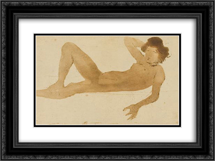 Femme Couchee 24x18 Black Ornate Wood Framed Art Print Poster with Double Matting by Steinlen, Theophile