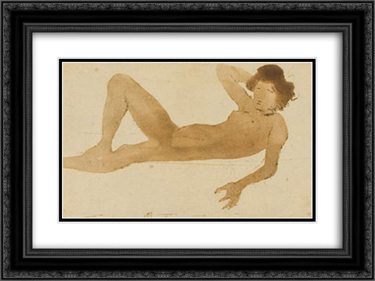 Femme Couchee 24x18 Black Ornate Wood Framed Art Print Poster with Double Matting by Steinlen, Theophile