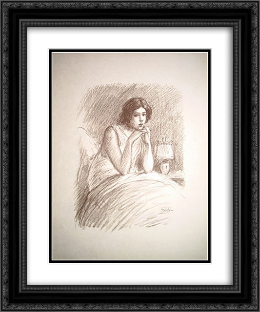 Girl in a big bed 20x24 Black Ornate Wood Framed Art Print Poster with Double Matting by Steinlen, Theophile