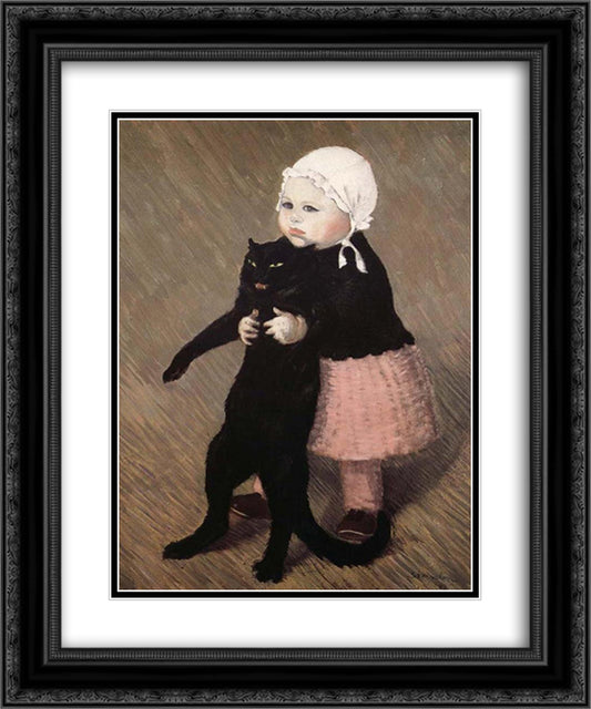 Girl with Cat 20x24 Black Ornate Wood Framed Art Print Poster with Double Matting by Steinlen, Theophile