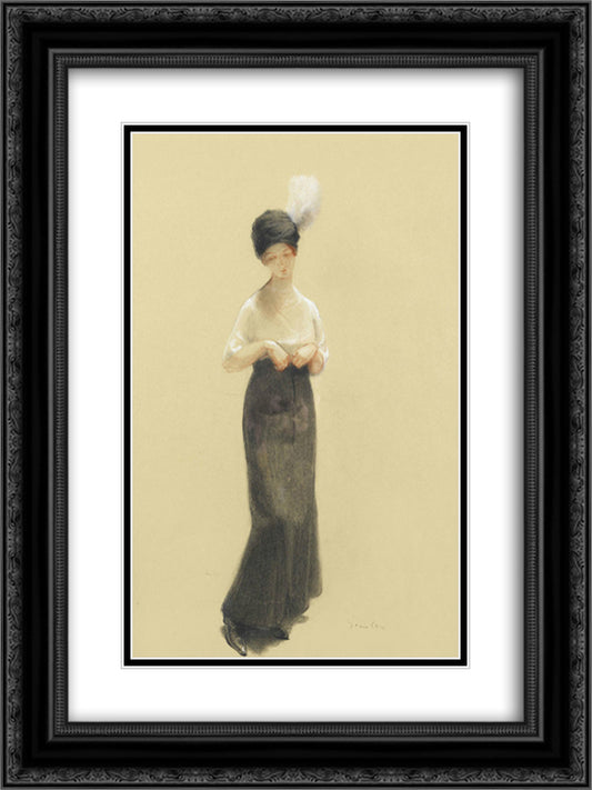 Jeune Femme Au Chapeau a Plume 18x24 Black Ornate Wood Framed Art Print Poster with Double Matting by Steinlen, Theophile