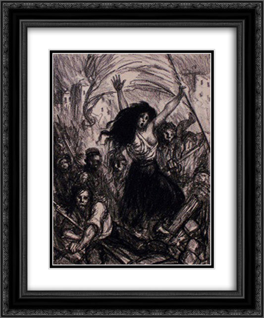 La Barricade 20x24 Black Ornate Wood Framed Art Print Poster with Double Matting by Steinlen, Theophile
