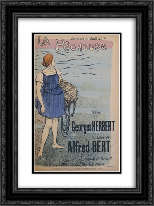 La Pecheuse 18x24 Black Ornate Wood Framed Art Print Poster with Double Matting by Steinlen, Theophile