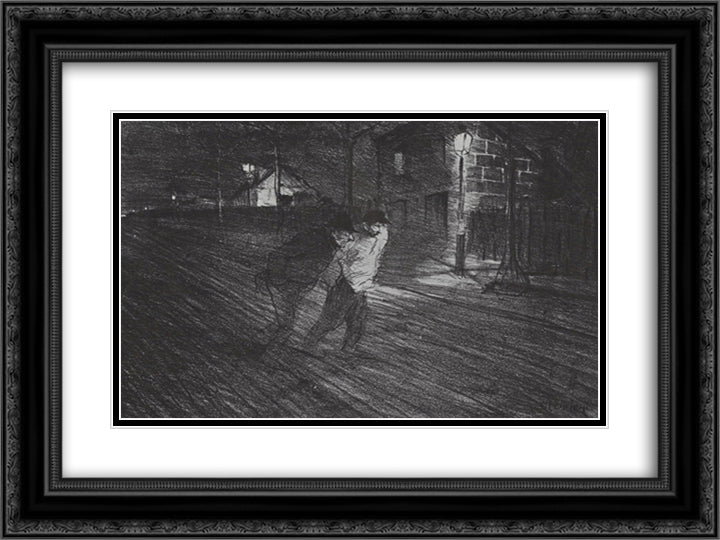 La Rue Caulaincourt 24x18 Black Ornate Wood Framed Art Print Poster with Double Matting by Steinlen, Theophile