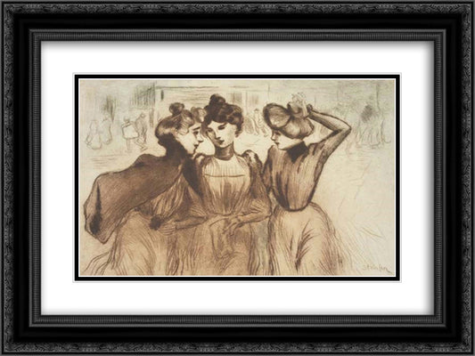 La Sortie des Trois Midinettes 24x18 Black Ornate Wood Framed Art Print Poster with Double Matting by Steinlen, Theophile