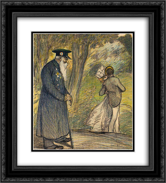 L'Amour Au Vert 20x22 Black Ornate Wood Framed Art Print Poster with Double Matting by Steinlen, Theophile