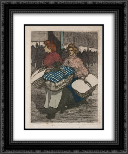 Laundresses are carrying linnen 20x24 Black Ornate Wood Framed Art Print Poster with Double Matting by Steinlen, Theophile