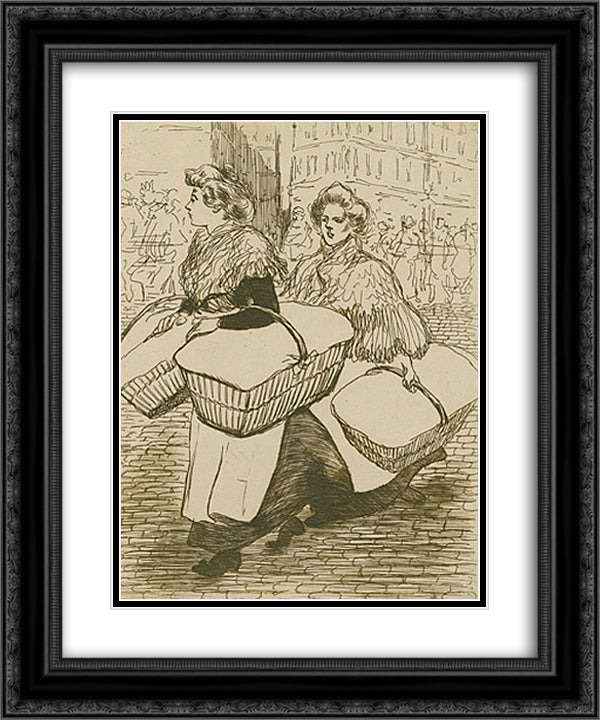 Laundresses are carrying linnen 20x24 Black Ornate Wood Framed Art Print Poster with Double Matting by Steinlen, Theophile