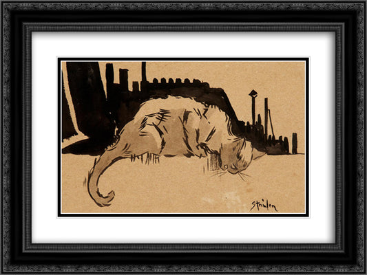 Le Chat Enerve 24x18 Black Ornate Wood Framed Art Print Poster with Double Matting by Steinlen, Theophile