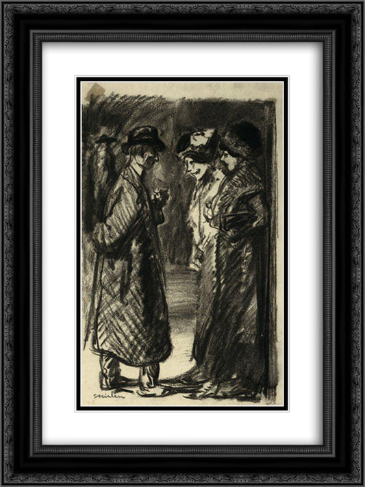 Le Rencontre 18x24 Black Ornate Wood Framed Art Print Poster with Double Matting by Steinlen, Theophile