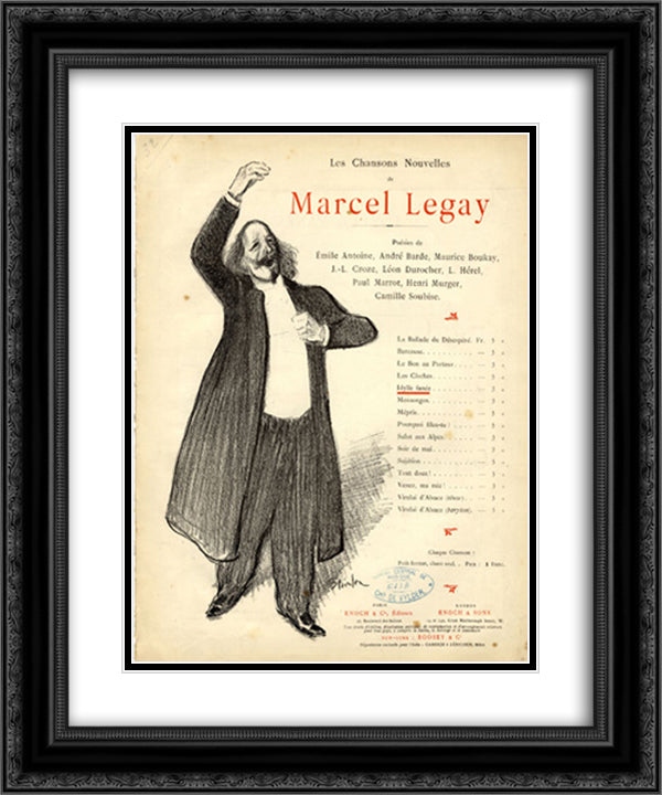 Les Chansons Nouvelles de Marcel Legay 20x24 Black Ornate Wood Framed Art Print Poster with Double Matting by Steinlen, Theophile