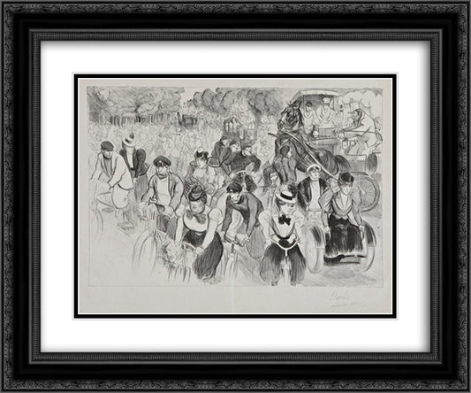 Les Cyclistes 24x20 Black Ornate Wood Framed Art Print Poster with Double Matting by Steinlen, Theophile