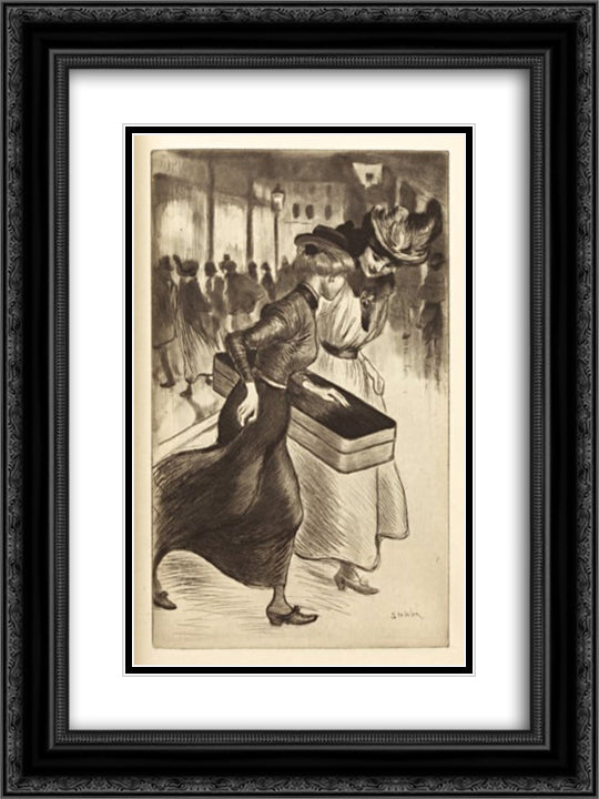 Les Deux Trottins 18x24 Black Ornate Wood Framed Art Print Poster with Double Matting by Steinlen, Theophile