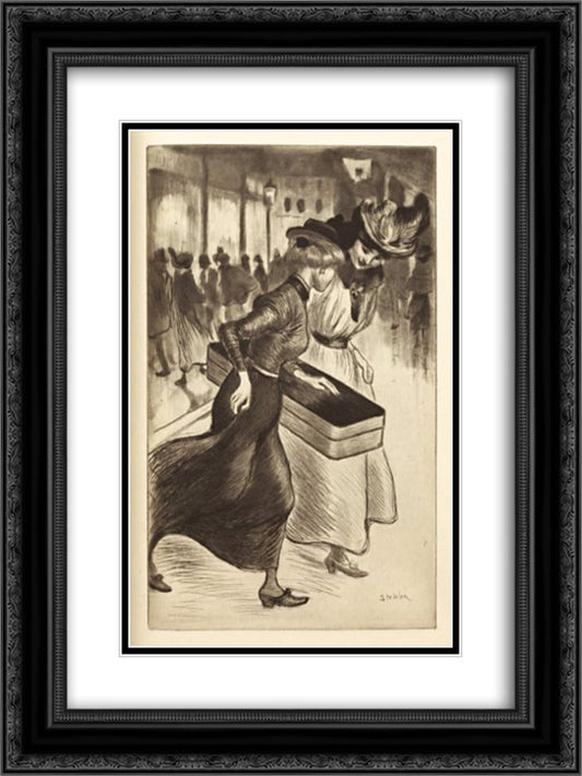 Les Deux Trottins 18x24 Black Ornate Wood Framed Art Print Poster with Double Matting by Steinlen, Theophile
