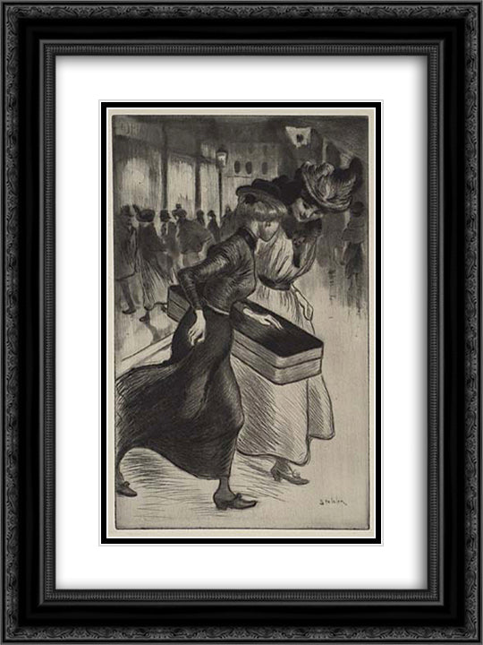 Les Deux Trottins 18x24 Black Ornate Wood Framed Art Print Poster with Double Matting by Steinlen, Theophile