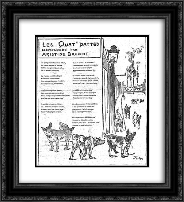 Les Quat Pattes 20x22 Black Ornate Wood Framed Art Print Poster with Double Matting by Steinlen, Theophile