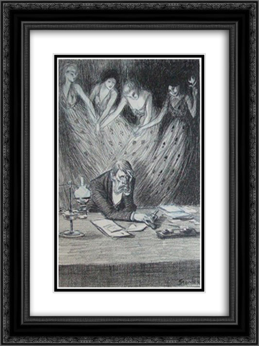 Les Quatres Dames 18x24 Black Ornate Wood Framed Art Print Poster with Double Matting by Steinlen, Theophile
