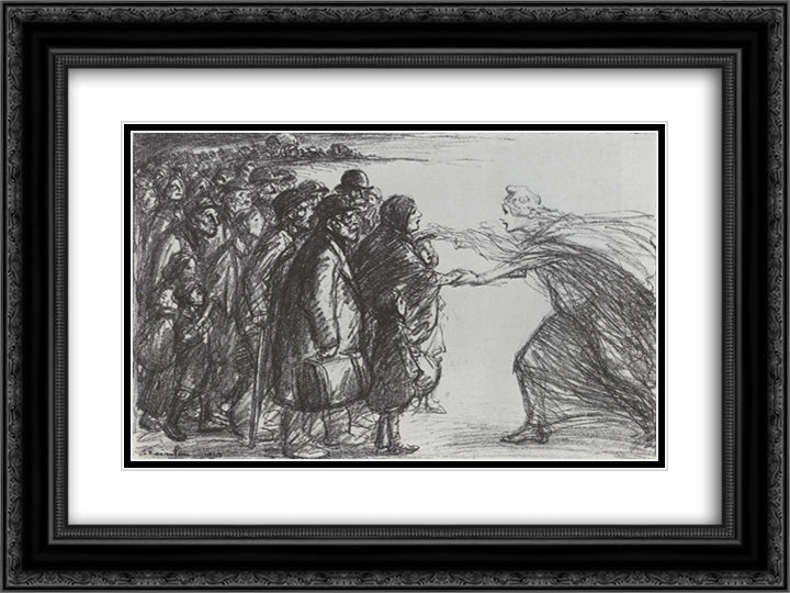 Les Refugies de la Meuse 24x18 Black Ornate Wood Framed Art Print Poster with Double Matting by Steinlen, Theophile