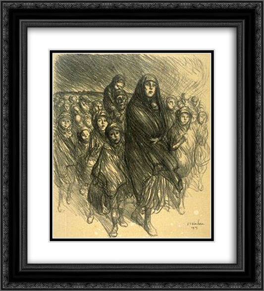 L'Exode Belge 20x22 Black Ornate Wood Framed Art Print Poster with Double Matting by Steinlen, Theophile