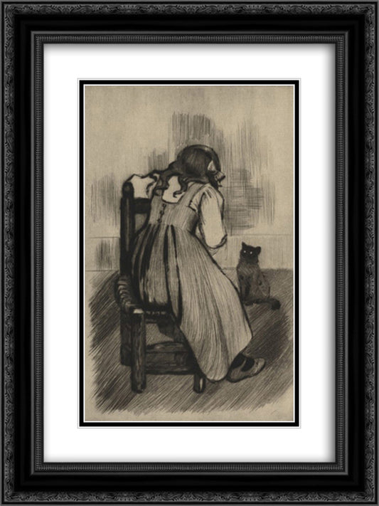 Little girl with cat 18x24 Black Ornate Wood Framed Art Print Poster with Double Matting by Steinlen, Theophile