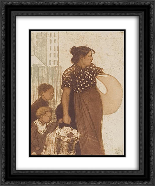 Menagere et Enfants Rentrant du Lavoir 20x24 Black Ornate Wood Framed Art Print Poster with Double Matting by Steinlen, Theophile