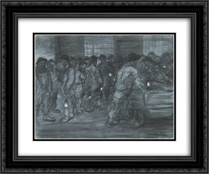 Miners with Lanterns 24x20 Black Ornate Wood Framed Art Print Poster with Double Matting by Steinlen, Theophile