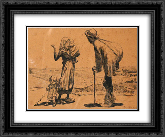 Mother and Children talking to Vagabond 24x20 Black Ornate Wood Framed Art Print Poster with Double Matting by Steinlen, Theophile