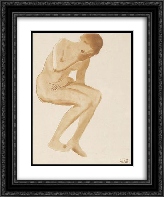 Nu Assis a la Tete Penchee 20x24 Black Ornate Wood Framed Art Print Poster with Double Matting by Steinlen, Theophile
