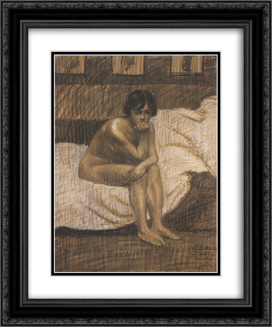 Nude woman sitting on the bed 20x24 Black Ornate Wood Framed Art Print Poster with Double Matting by Steinlen, Theophile