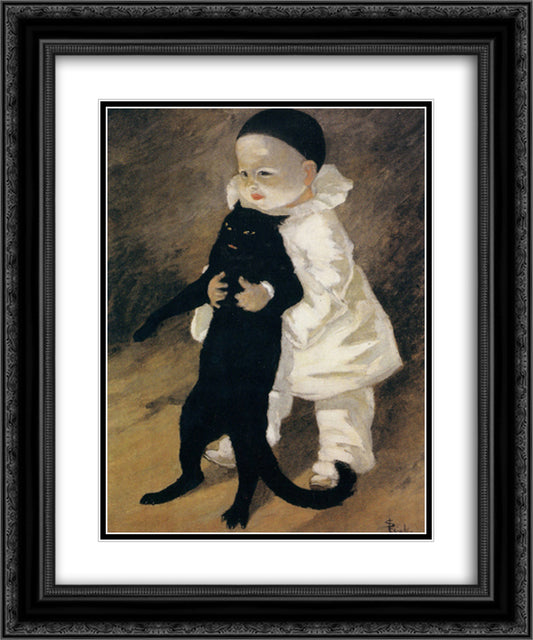 Pierrot and the cat 20x24 Black Ornate Wood Framed Art Print Poster with Double Matting by Steinlen, Theophile