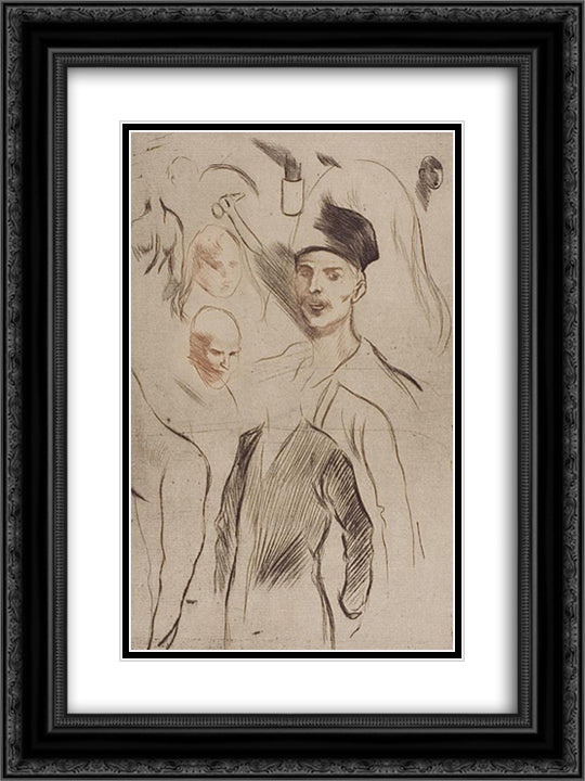 Planche de Croquis No 2 18x24 Black Ornate Wood Framed Art Print Poster with Double Matting by Steinlen, Theophile