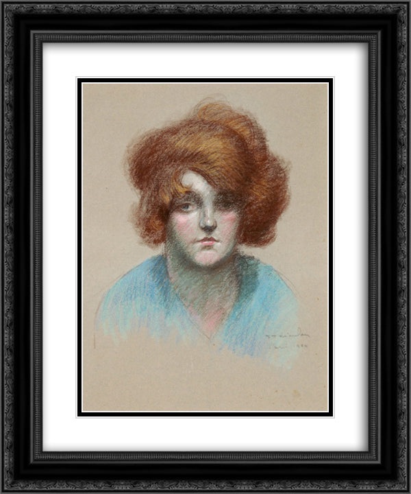 Portrait of woman in blue blouse 20x24 Black Ornate Wood Framed Art Print Poster with Double Matting by Steinlen, Theophile