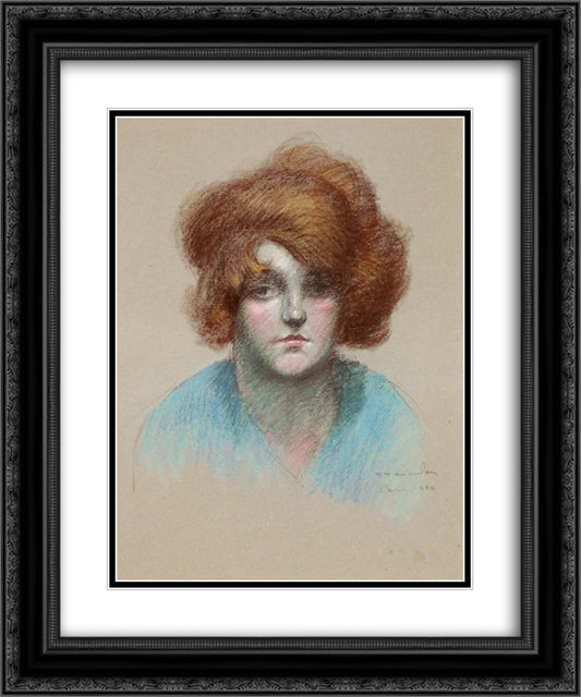 Portrait of woman in blue blouse 20x24 Black Ornate Wood Framed Art Print Poster with Double Matting by Steinlen, Theophile