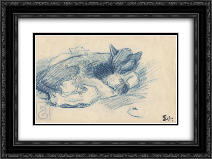 Sleeping cats 24x18 Black Ornate Wood Framed Art Print Poster with Double Matting by Steinlen, Theophile