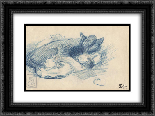 Sleeping cats 24x18 Black Ornate Wood Framed Art Print Poster with Double Matting by Steinlen, Theophile