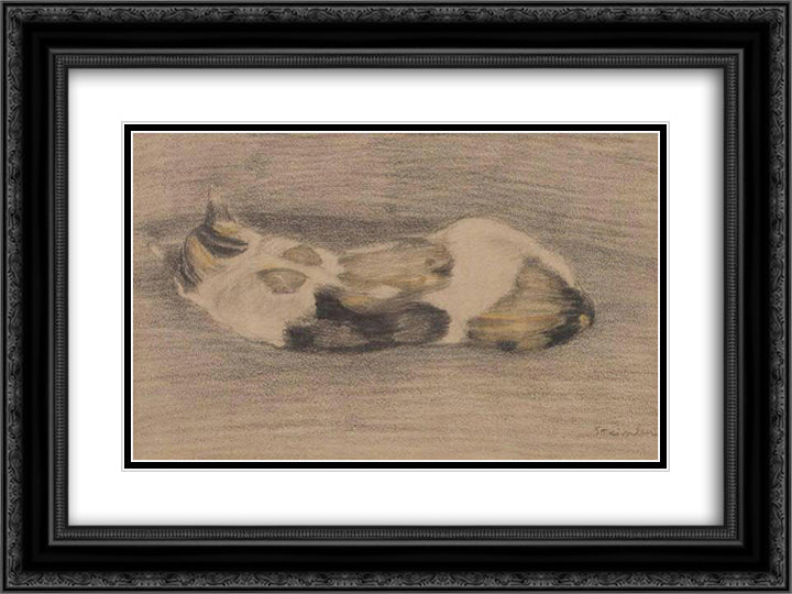 Sleeping tricolor cate 24x18 Black Ornate Wood Framed Art Print Poster with Double Matting by Steinlen, Theophile