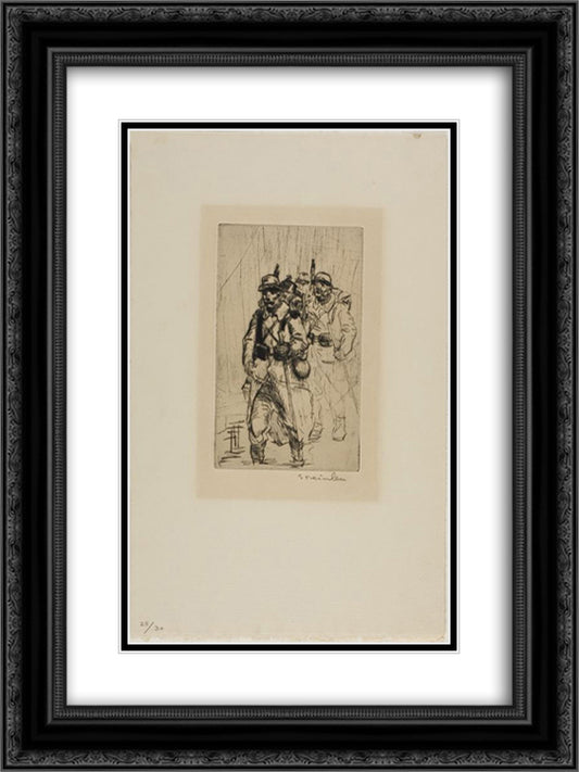 Soldats Sous La Pluie et Dans Les Fondrieres 18x24 Black Ornate Wood Framed Art Print Poster with Double Matting by Steinlen, Theophile