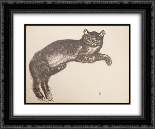 Study for L'Hiver - Cat On A Cushion 24x20 Black Ornate Wood Framed Art Print Poster with Double Matting by Steinlen, Theophile